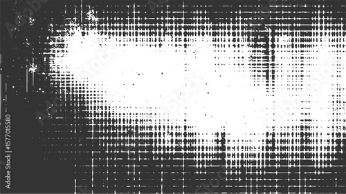 Grayscale distressed pattern with scattered dots and grid elements abstract background