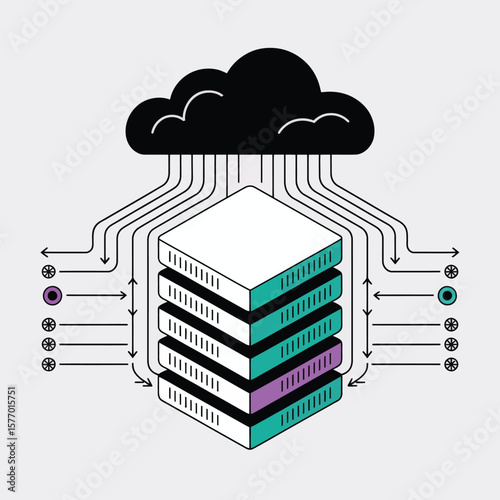 Isometric Illustration of Data Transfer from Black Cloud to Multilevel Server Rack Featuring Teal Purple and White Color Scheme Thin Lines and Circular Data Points