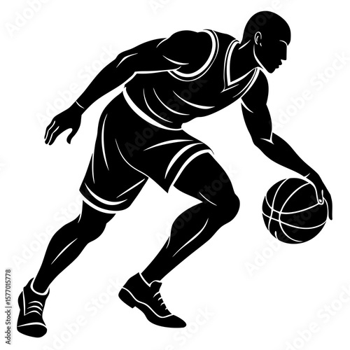 Black silhouette athlete dribbling basketball player