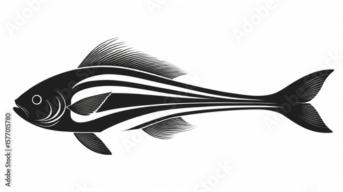 A stylized fish illustration with bold black and white stripes, fins, and a tail, isolated on a white background.