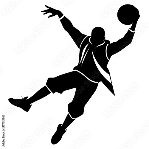 Black silhouette of basketball player mid-air white