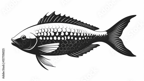A detailed monochrome illustration of a fish, showcasing scales and fins.