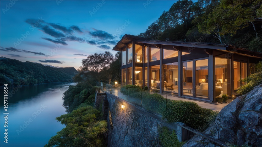 Fototapeta premium A luxurious hillside retreat with floor-to-ceiling windows overlooking a serene lake captured during twilight with interior lights creating