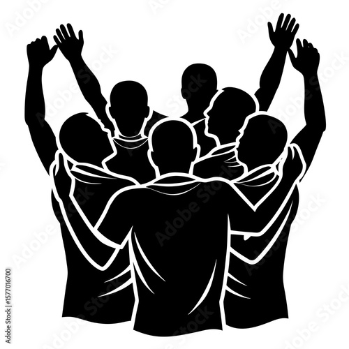 Team unity celebration with raised arms huddle arms raised