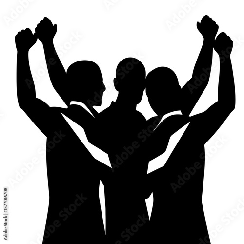 Team unity celebration with raised fists huddle success