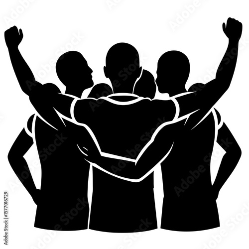 Team unity celebration with raised fists success victory