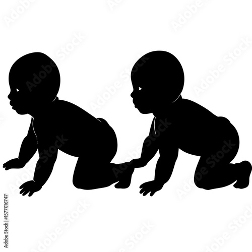 Twin babies crawling side by side silhouette baby