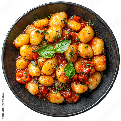 Top view of a delicious looking gnocchi with tomato sauce on a dark stoneware plate isolated on a white background, well lit, sharp focus, food photography style.