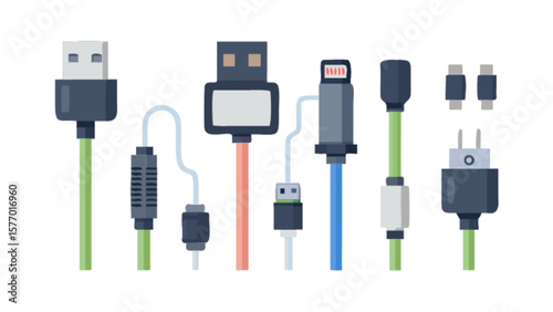 Different types of usb cables and power adapters for electronic devices connectivity and charging needs