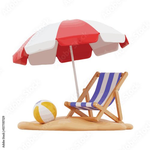 3d illustration of a beach chair under a striped umbrella with a beach ball on sand
