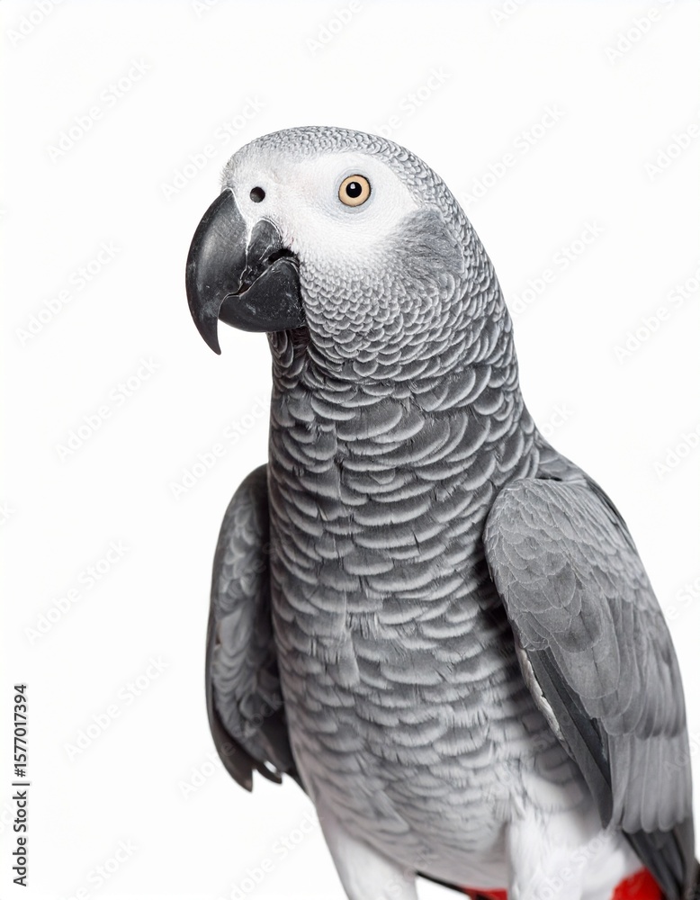 Naklejka premium Majestic African Grey Parrot Portrait against White Background.
