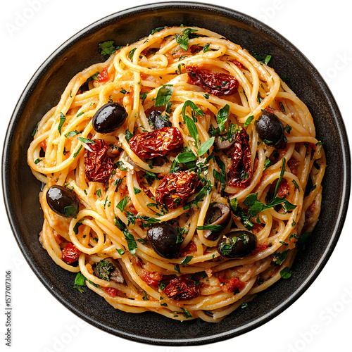 Top view of a delicious looking pasta with sun-dried tomatoes and olives on a dark stoneware plate isolated on a white background, well lit, sharp focus, food photography style.