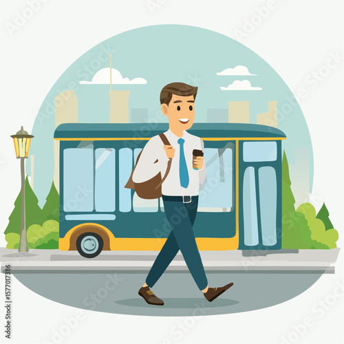 The Commuter's Daily Stroll: A well-dressed individual strides confidently along the sidewalk, clutching a coffee, his business-casual attire mirroring the early morning commute by the bus.