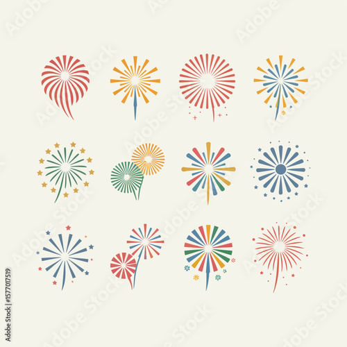 Collection of colorful stylized fireworks designs on a light background