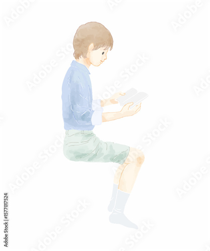 座って本を読む男の子のカラーベクターイラスト