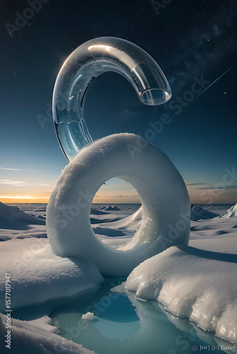 Frozen ice sculpture in the shape of a ring, illuminated by sunrise, on a snowy landscape.