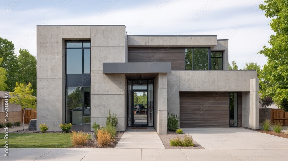 custom made wallpaper toronto digitalAsymmetrical duplex with fiber cement panels sunken entryway side-lit during bright overcast with consistent diffused shadows neutral grading