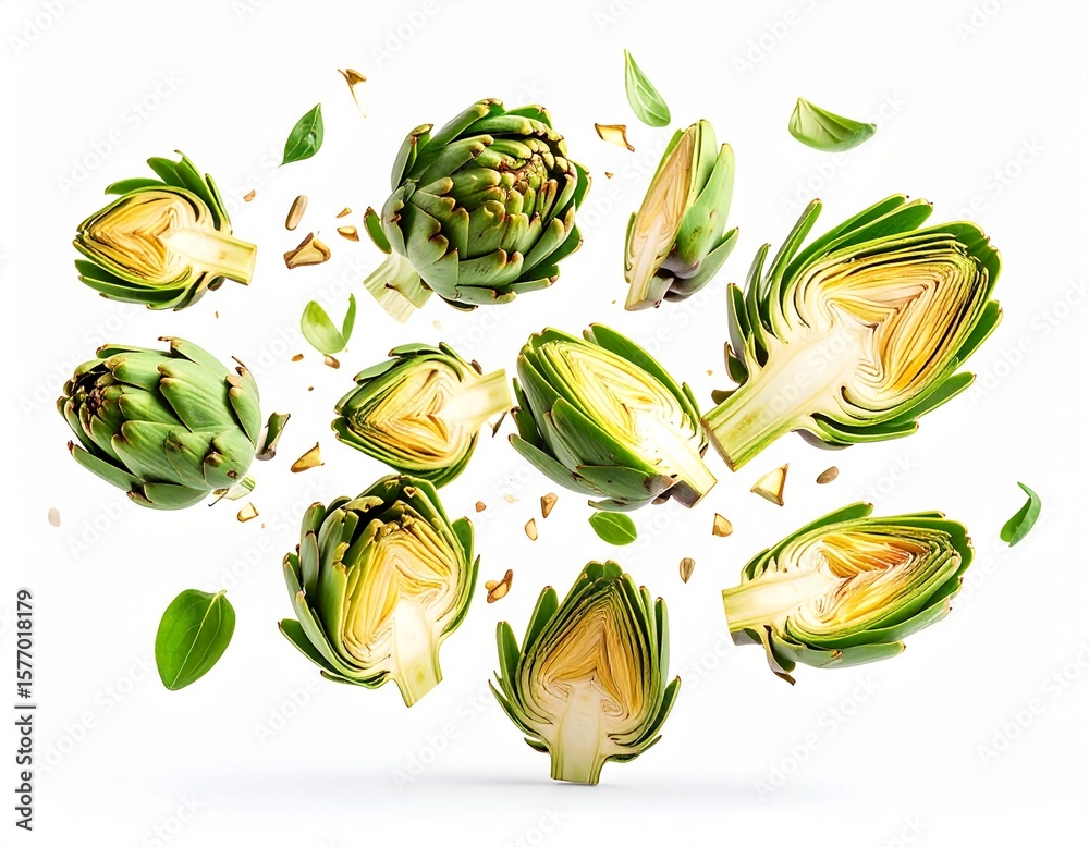 Naklejka premium Fresh Artichokes Falling on White Background Healthy Food Concept.