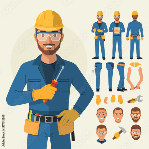 Construction worker with tools and various body parts and accessories for customization