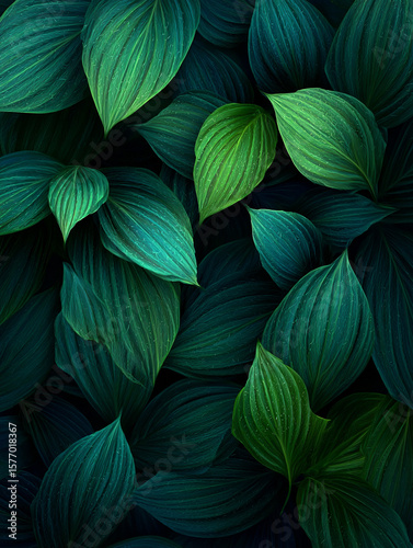 Wallpaper of lush green leaves background, top-down view, natural lighting.