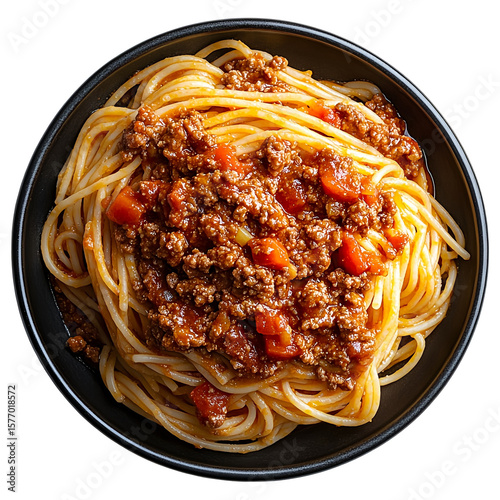 Top view of a delicious looking spaghetti bolognese on a dark ceramic plate isolated on a white background, well lit, sharp focus, food photography style. --stylize.png