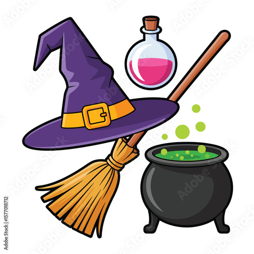 Cartoon witch hat broom potion bottle and bubbling cauldron for halloween