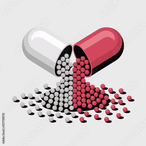 Open medicine capsule spilling red and white pellets onto a gray surface