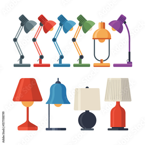Collection of colorful desk and table lamps in a flat design style