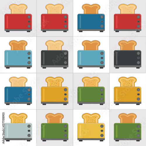 A grid of colorful toasters with toasted bread pops up from each slot