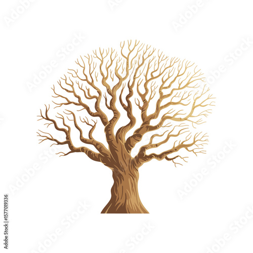 Stylized illustration of a large bare deciduous tree with intricate branches