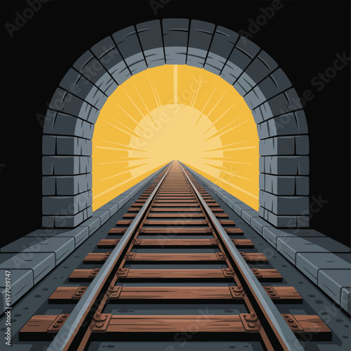 Train tracks leading out of a dark tunnel towards a bright sunny sky