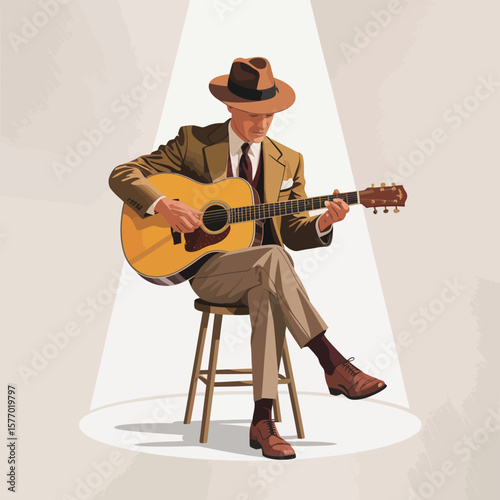 Man in hat and suit playing acoustic guitar on stage in spotlight