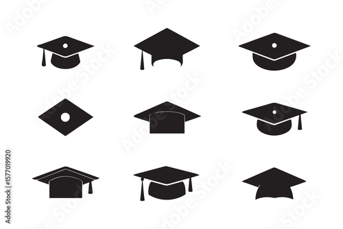 Collection of minimalist black graduation cap icons: diverse styles, academic achievement, success concept.