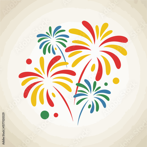 Colorful abstract fireworks display with red yellow and blue bursts
