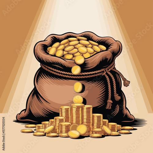 Overflowing sack of gold coins spilling onto stacks of money