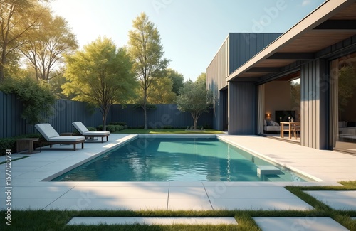Wallpaper Mural Tranquil backyard pool scene. Patio, wooden deck, bench, coffee table, lounge chairs surround pool. Solitary tree, house with large backyard in background. Clear blue sky, warm sun glow over scene. Torontodigital.ca