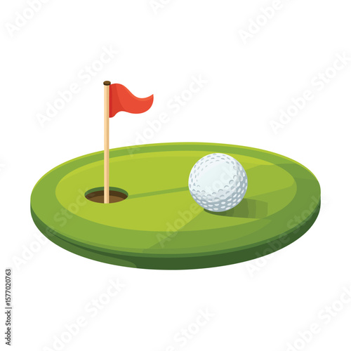 Golf ball on the green near the hole with a red flag