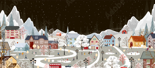 Winter landscape,Celebrating Christmas and New Year 2026 in City at night with happy people playing ice skate in the park,Vector horizontal banner winter wonderland in countryside