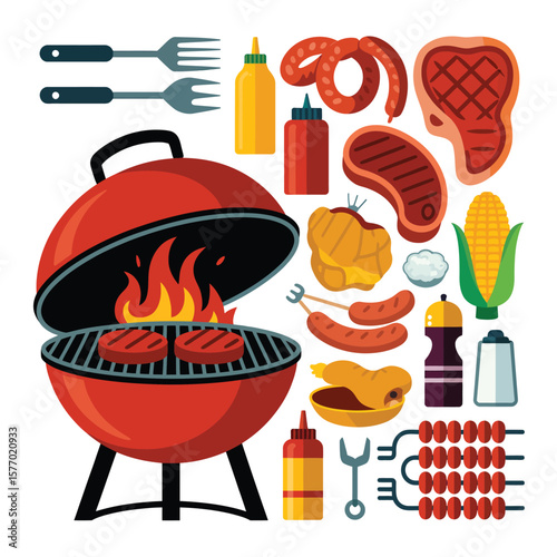 Illustration of a barbecue grill with various foods and condiments