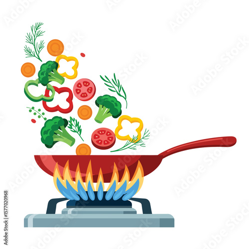 Fresh vegetables being stir fried in a red wok on a gas stove