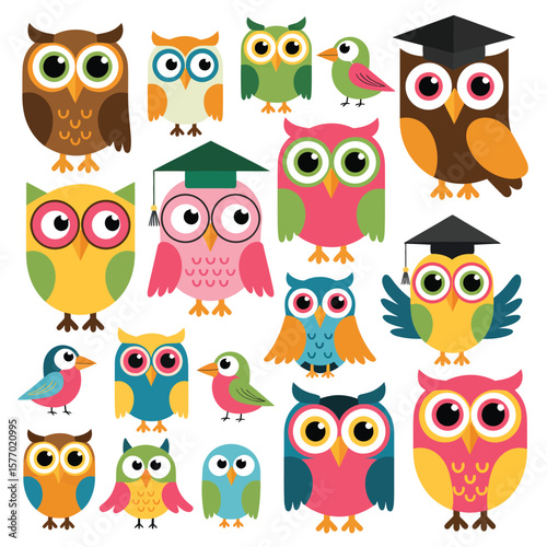 Collection of cute cartoon owls and birds in various colors and poses