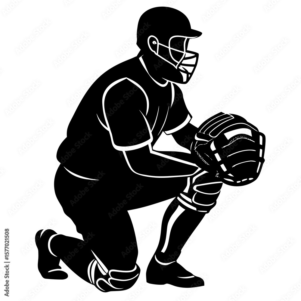 Fototapeta premium Baseball catcher crouched ready sports