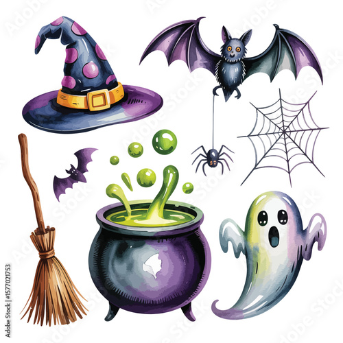Whimsical halloween elements featuring a witch hat cauldron broom bat ghost and spider web
