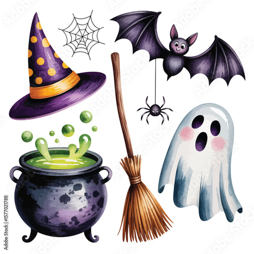 Whimsical halloween collection featuring a witch hat cauldron broom bat ghost and spider