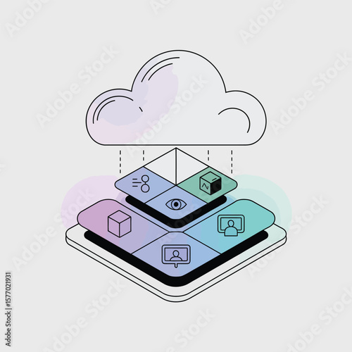 Pastel Colored Abstract Vector Illustration Multilayered Data Structure Cloud Computing Concept Featuring Data Cubes Eye Symbol and Video Conferencing Icons