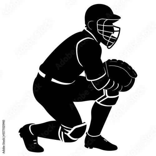 Black silhouette of baseball catcher crouched sports