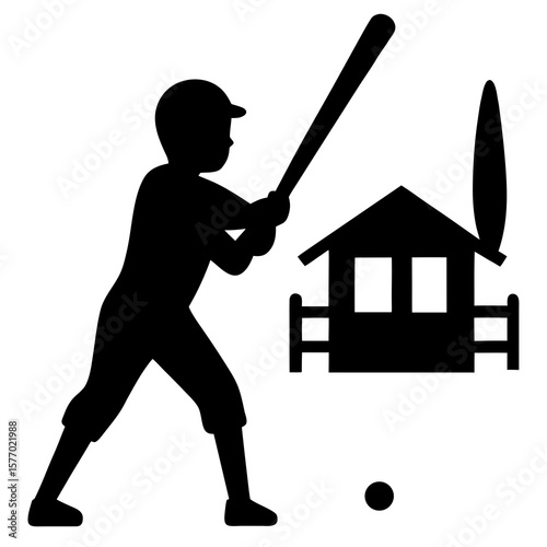 Boy swinging baseball bat near shed and ball vector