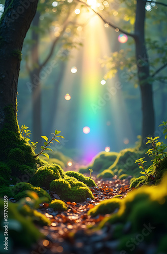 Sun rays stream through a lush, mossy forest, creating a vibrant rainbow effect in the air.