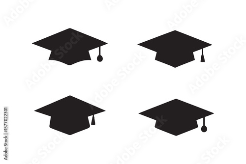 Four Simple Black Graduation Caps: Minimalist Vector Icons for Education, Achievement, and Success.