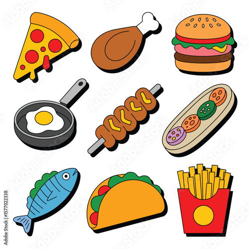 Collection of popular fast food and casual dining items in a flat design style